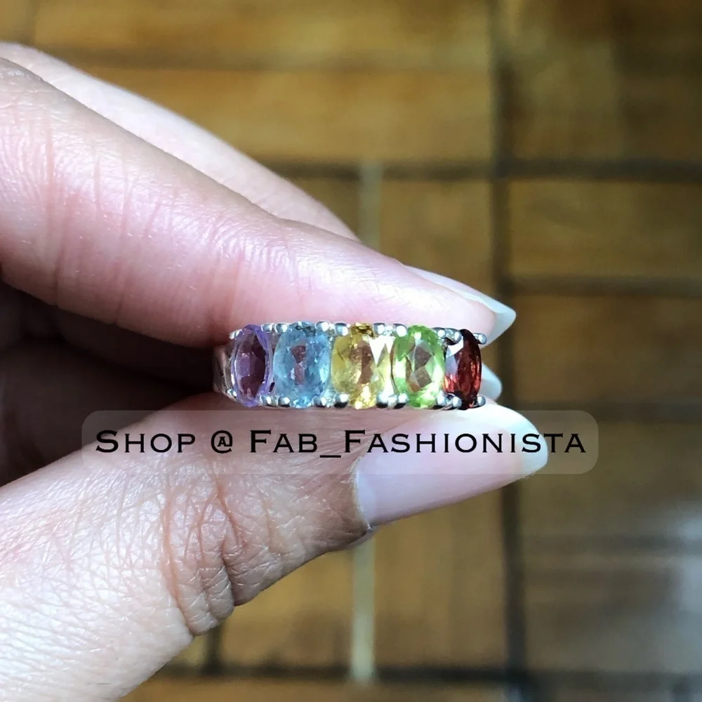 Multi-Stone Gemstone Rainbow Ring Sterling Silver size 5.75